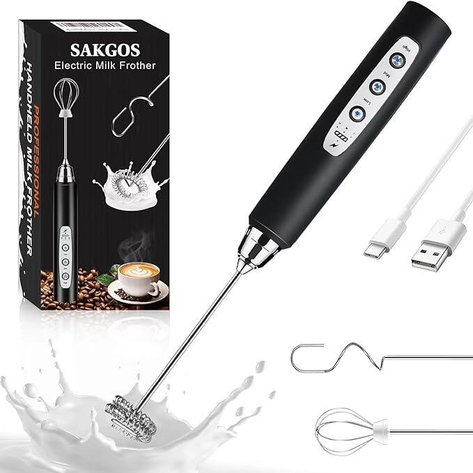Sakgos Milk Frother Rechargeable Handheld-Electric Whisk 3 Speed Adjustable, Frother Wand Coffee with 3 Stainless Whisks, Electric Foam Maker, Drink Mixer Blender for Latte Cappuccino Matcha Egg