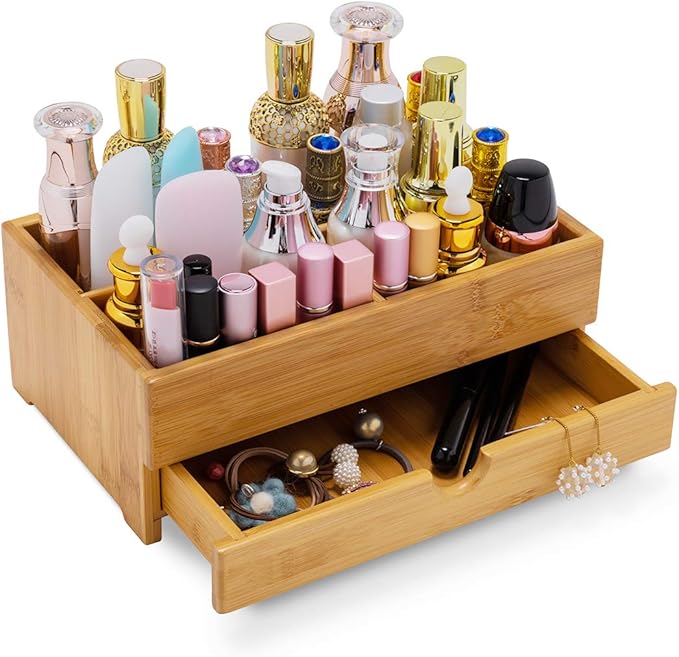 GOBAM Bamboo Makeup Organizers and Storage with Drawer - Wooden Cosmetic Organizer Countertop for Bathroom, Bedroom, Closet, Kitchen, Vanity & Dresser - Make up Vanity Station