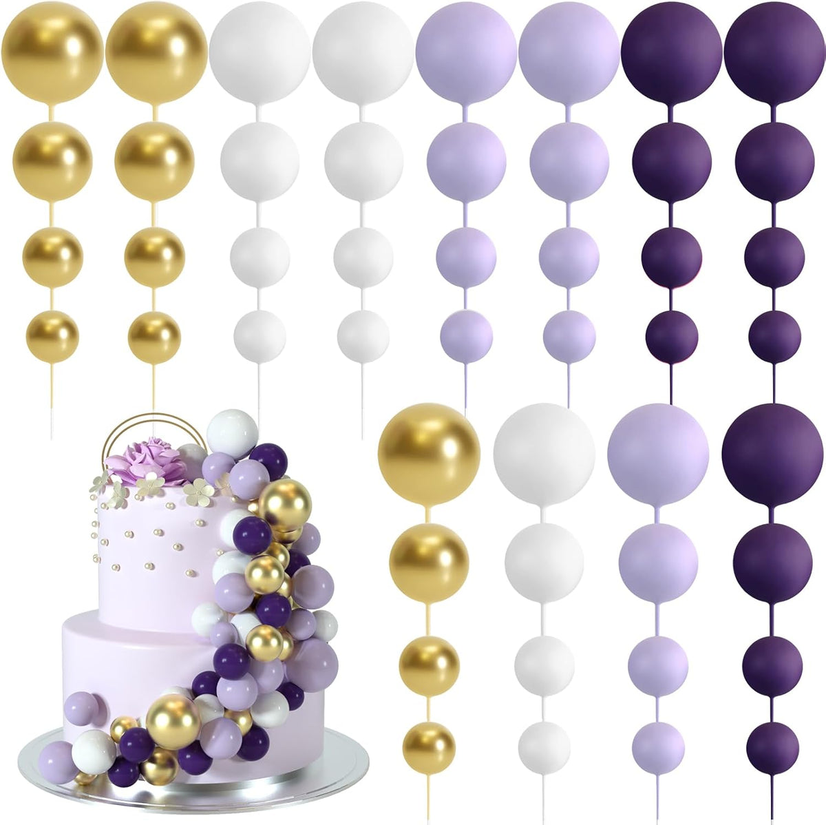 48 Pcs Balls Cake Topper Decorations Balloon Cupcake Toppers Foam Cake Topper Balls Cake Balls Decorations for Birthday Party Wedding Cake Decorating (Purple, Light Purple, White, Gold)