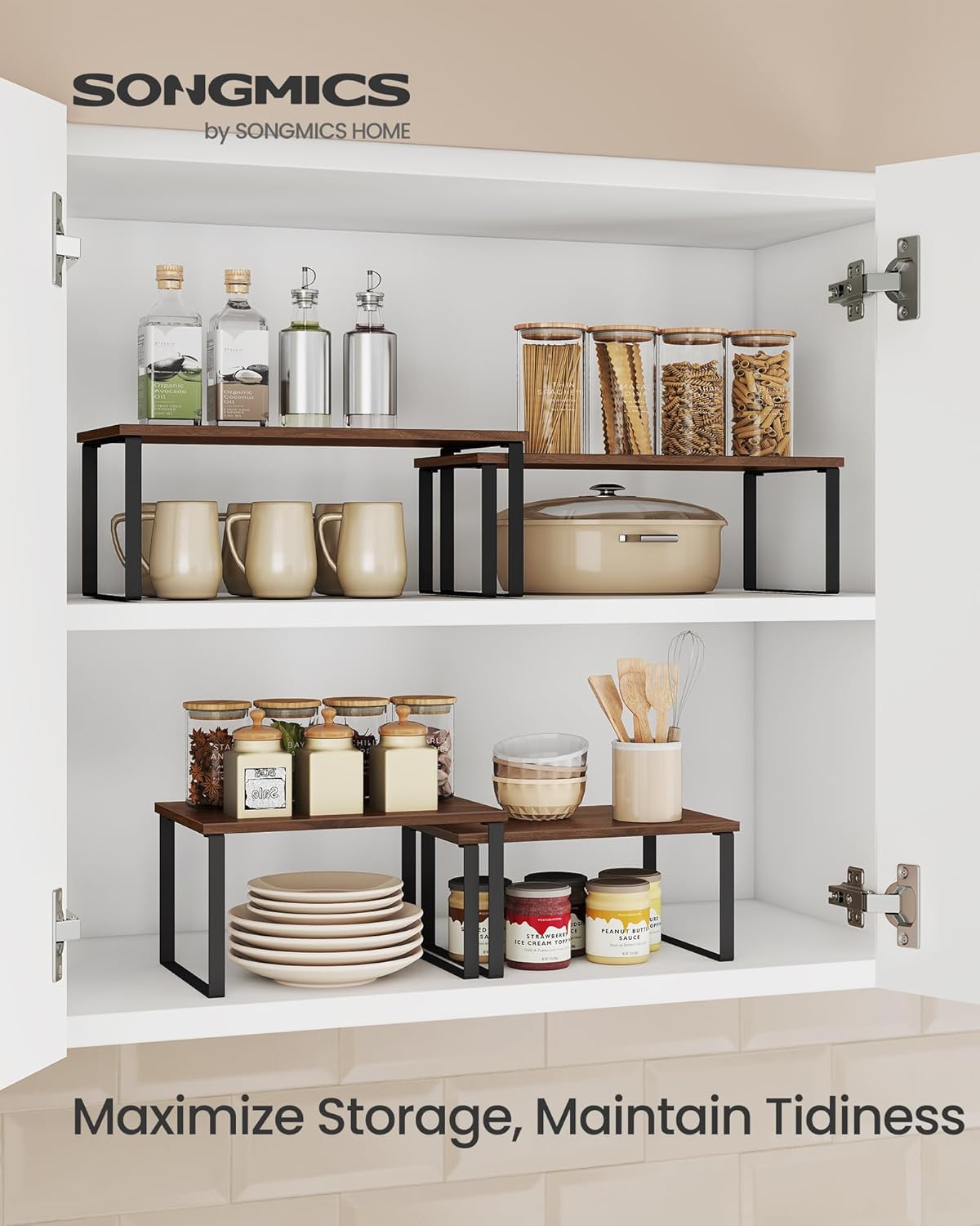 SONGMICS Cabinet Organizer Shelf, Set of 2 Kitchen Counter Shelves, Kitchen Storage, Spice Rack, Stackable, Expandable, Metal and Engineered Wood, Natural Walnut and Matte Black UKCS020K01