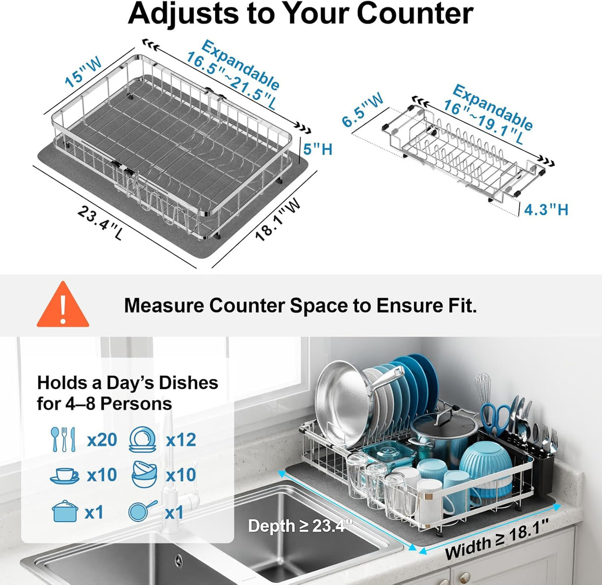 GSlife Large 2-in-1 Dish Drying Rack Set - Expandable Stainless Steel Dish Racks for Kitchen Counter & Sink, Full Size Dish Drainer with Absorbent Drying Mat Cup Holder, 16.5"-21.5" L x 15" W, Silver