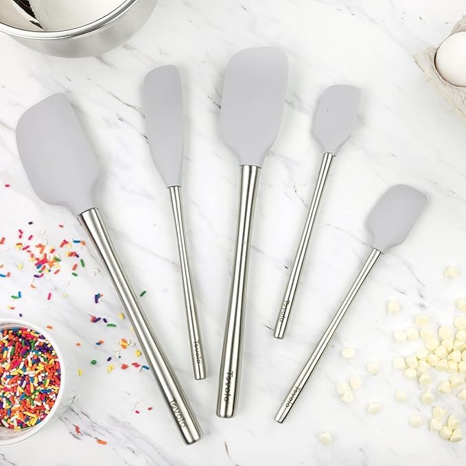 Tovolo Stainless Steel Handled Silicone Spatula Set of 5 Oyster Gray, Dishwasher Safe Kitchen Spatula Set for Cooking Baking, Non Toxic BPA Free Silicone Spatula set with Metal Steel Handle