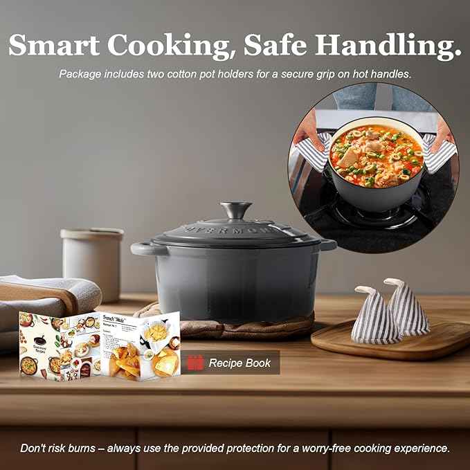 Overmont Enameled Cast Iron Dutch Oven - 7QT Pot with Lid Cookbook & Cotton Potholders - Heavy-Duty Cookware for Braising, Stews, Roasting, Bread Baking grey