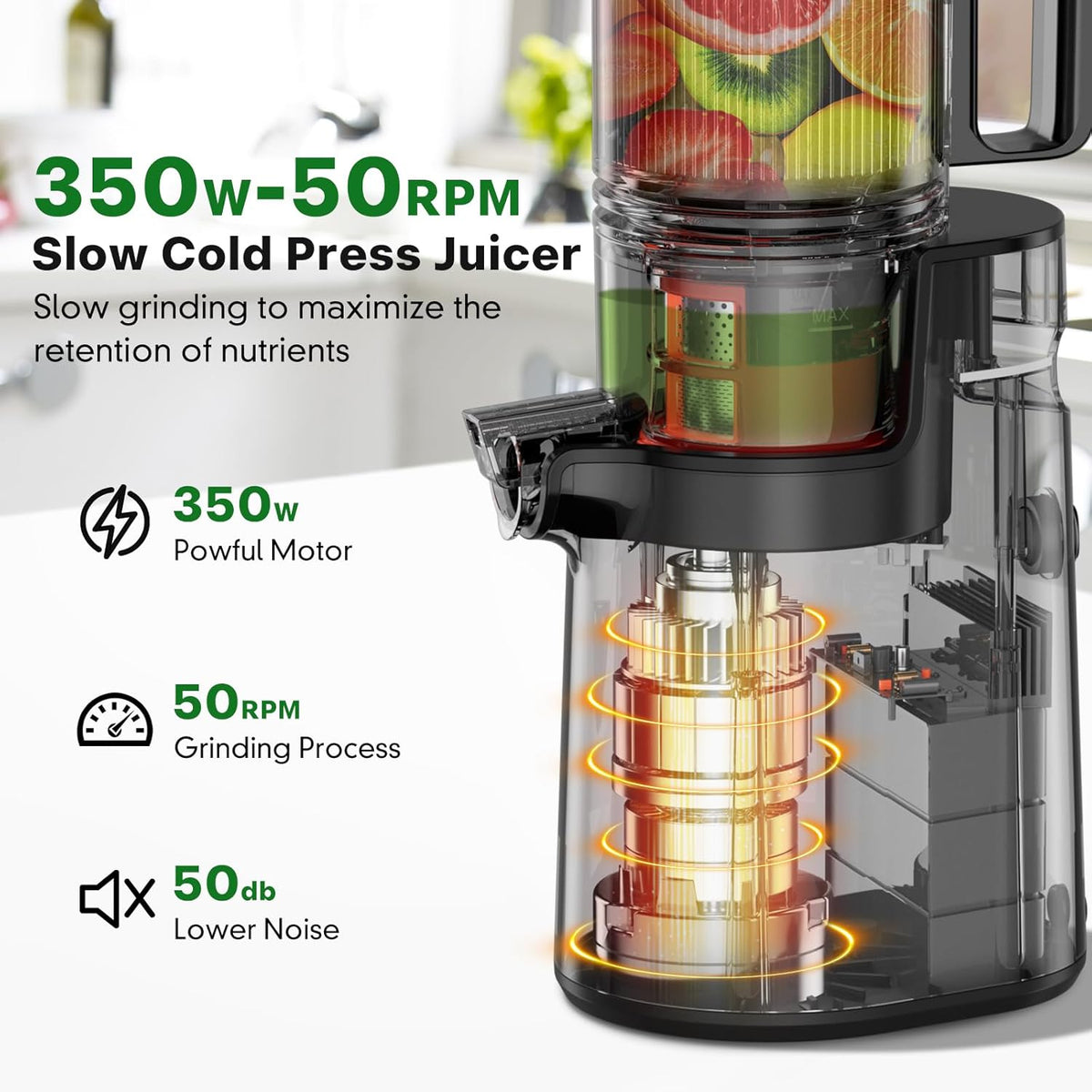 Cold Press Juicer, Masticating Juicer with 5.4" Wide Feed Chute, 350w Slow Juicer Machines Fit Whole Vegetables and Fruits with High Juice Yield, Easy to Clean (Black)
