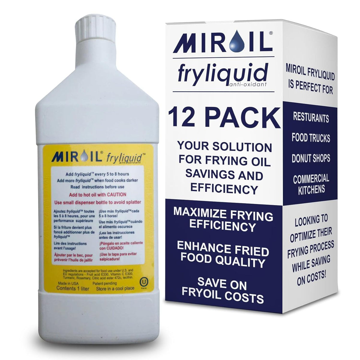 12 x 1 Liter Bottle FryLiquid by MirOil, Antioxidant & Removes Unhealthy Fats, Prevents Breakdown, Vitamin Therapy & Extends Deep Fryer Oil Life for Donut Shops, Restaurants, Food Truck & Food Service