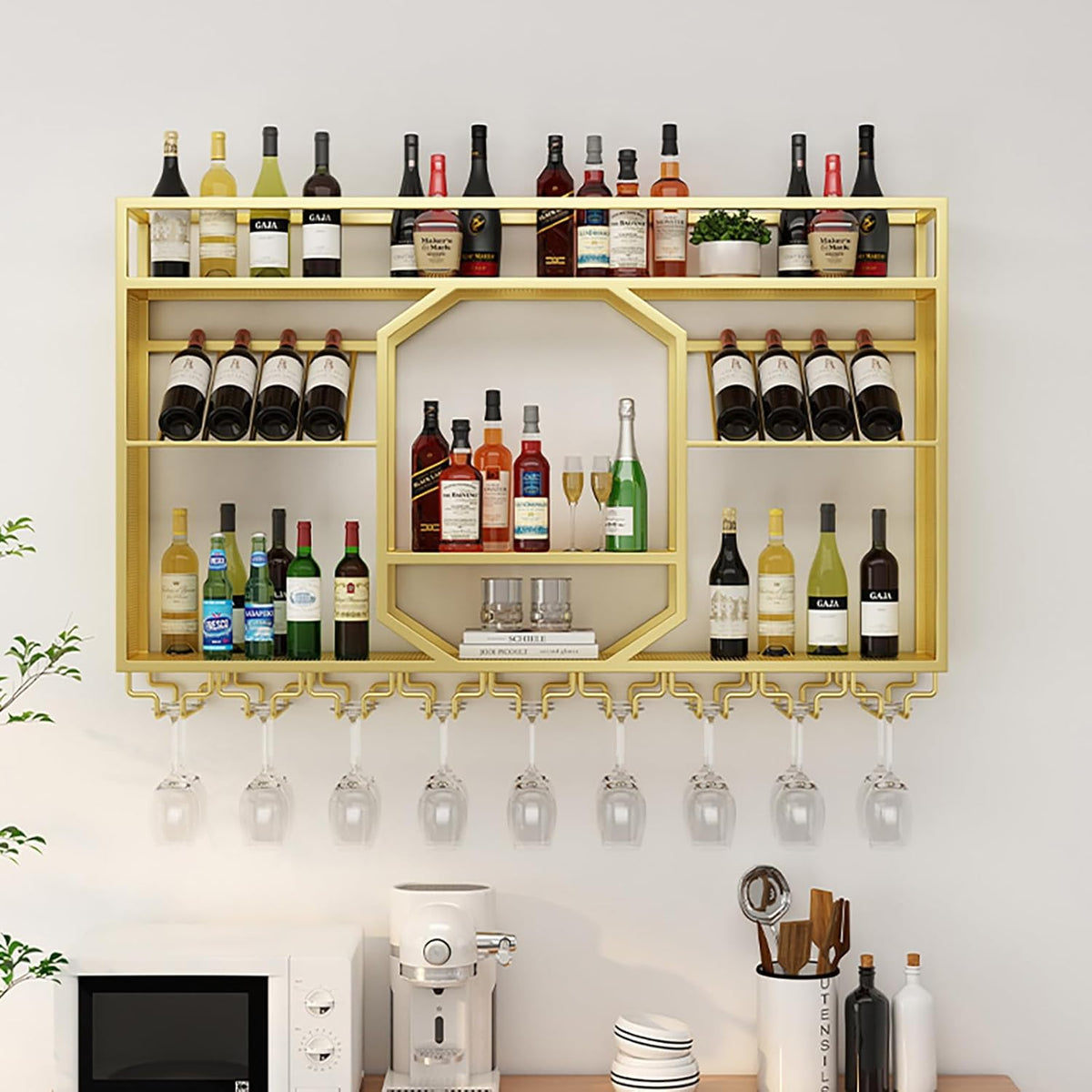 Wall Mounted Wine Rack, 3-Tiers Metal Bar Bottle Holder, Modern Wine Glass Storage Display Shelves, Wall Wine Rack for Kitchen Bar Dining Rooms Decoration ﻿ (Gold, 63in/160cm)