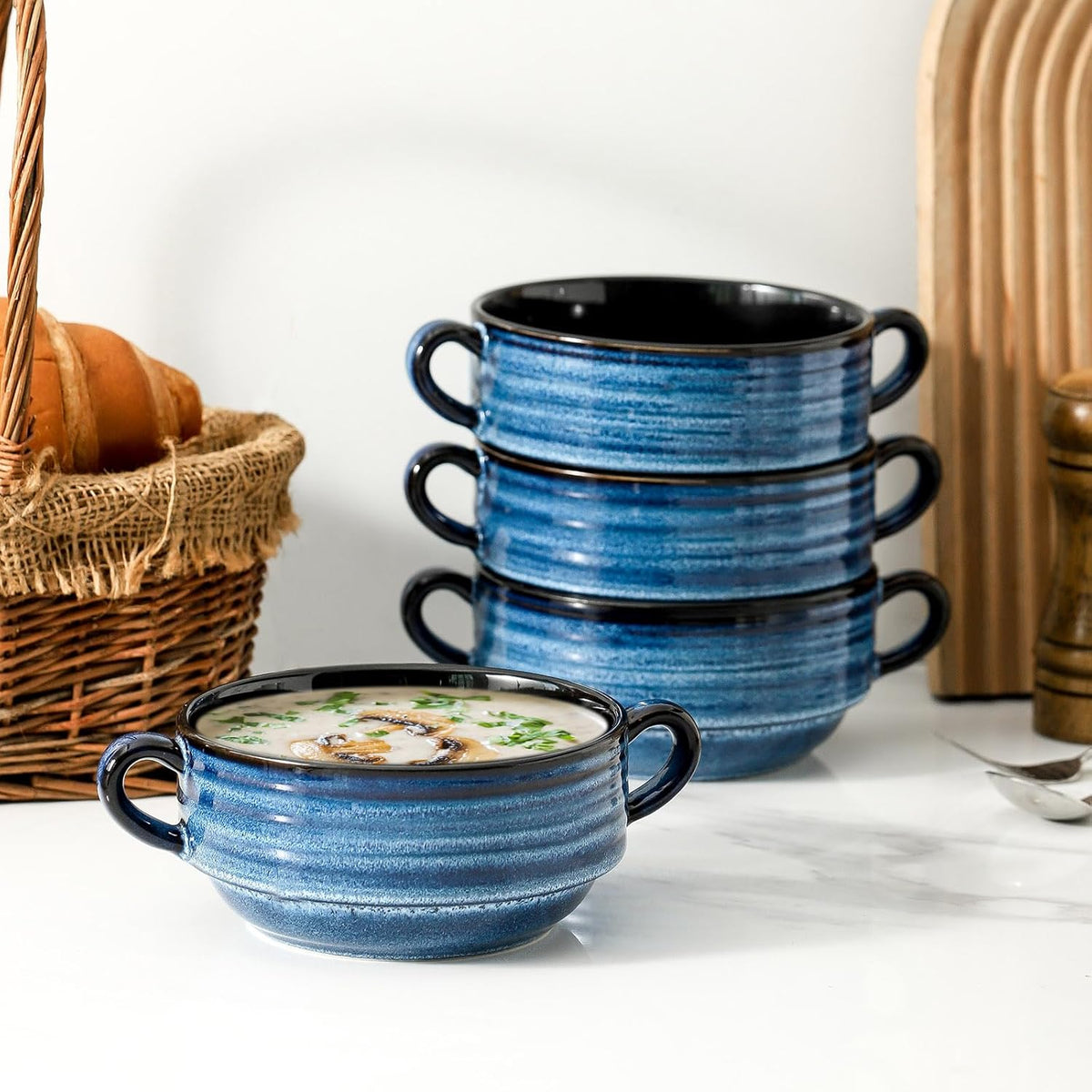 Hasense Soup Bowls with Handles, 20 oz Ceramic French Onion Soup Crocks Set of 4, Stackable Small Serving Bowls for Chili, Stew, Cereal, Microwave Oven and Dishwasher Safe, Blue