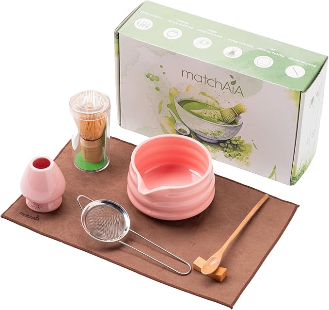 Matcha Whisk Set - Ceramic Bowl, Bamboo Whisk with Holder, Sifter, Schima Spoon, Spoon Rest and Tea Towel - 7 Pcs Complete Kit for Traditional Matcha and Modern Lattes (Pink)