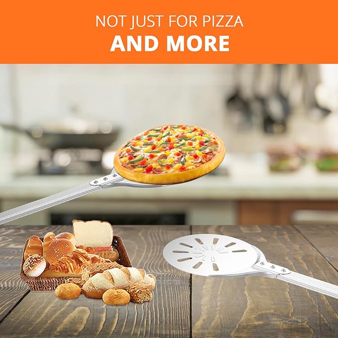 Pizza Turning Peel, 8-inch Pizza Peel Turner Spinner, Long Handle Perforated Aluminum Pizza Peel with Silicone Hook, Pizza Oven Accessories