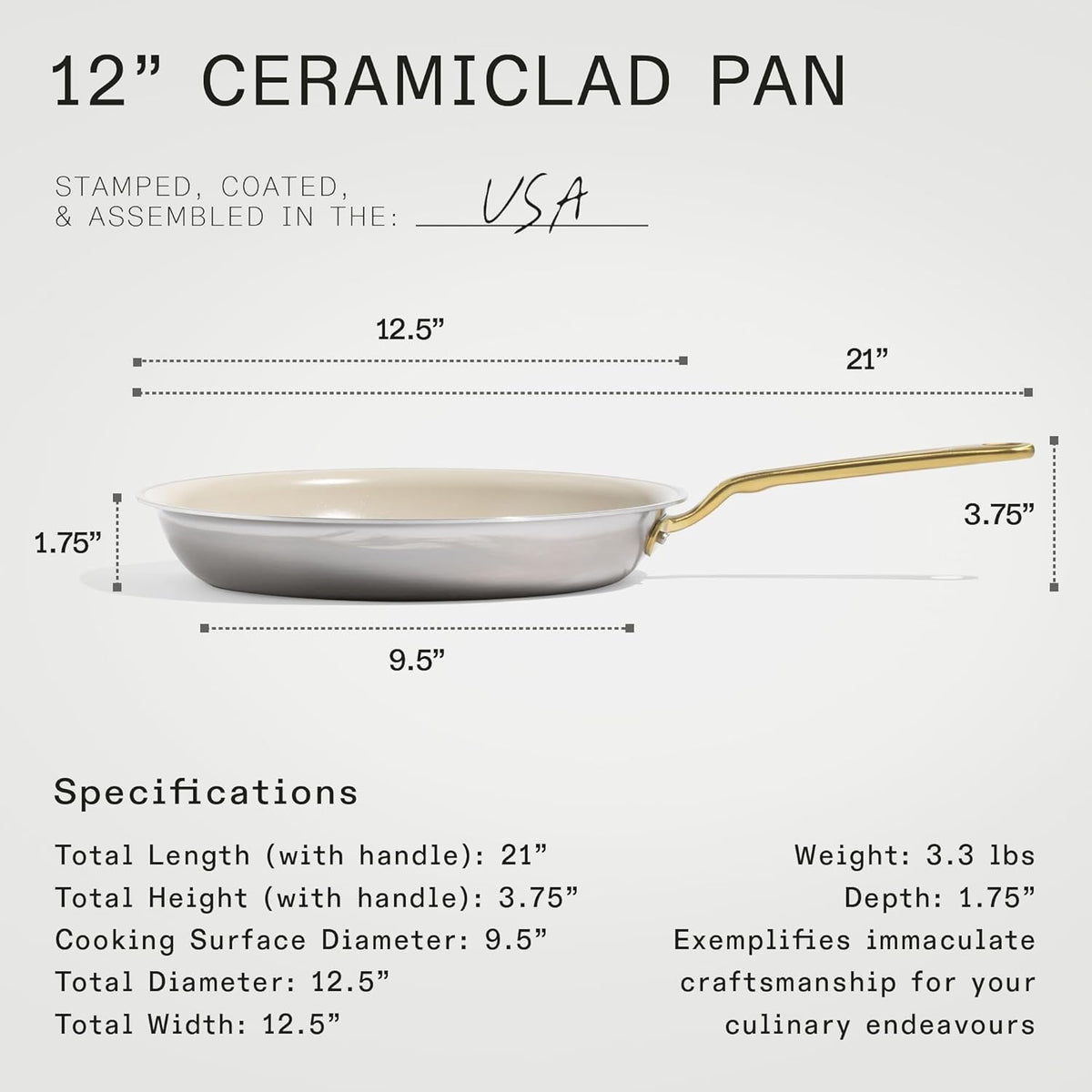 Made In Cookware - 12" Ceramic Non Stick Frying Pan (Antique Brass Handle) - 5-Ply Stainless Clad with Stay-Cool Handle - Professional Cookware - Induction Compatible