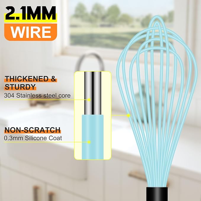 HOTEC 4 Pieces Silicone Whisks Set, Wire Balloon Whisks Egg Beater, Non-slip Handle Whisk for Non-stick Cookware Perfect for Cooking, Stirring, Beating and Blending (Blue)
