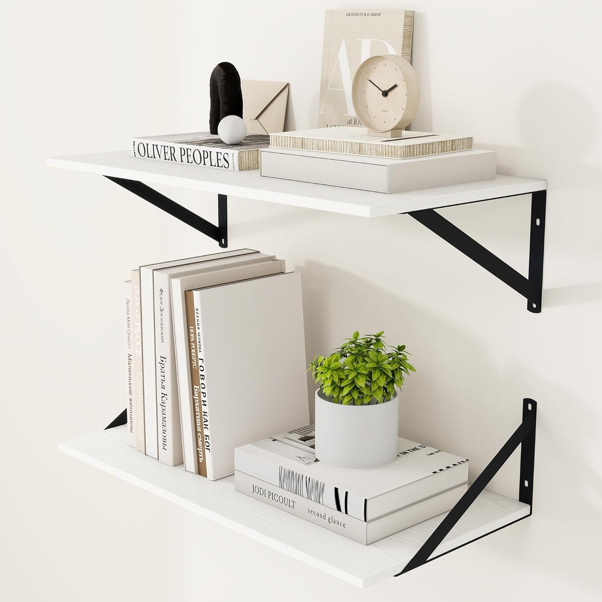 Heimlove White Deep Floating Shelves for Wall, 24W x 12D Wood Wall Shelves Set of 2, Wide Floating Bookshelf for Living Room, Kitchen, Office, Bedroom and Decor Storage, with Black Bracket - White