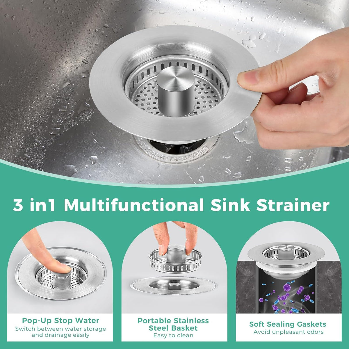 Kitchen Sink Drain Strainer/Strainer Basket, Upgraded 3 in 1 Stainless Steel Pop-up with Anti-Clogging Basket Sink Stopper, Suitable for US Standard 3-1/2" Sink Drain Hole (Brushed Nickel)