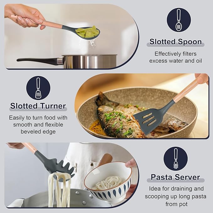 P&P CHEF Cooking Utensils Set, 6 PCS Kitchen Utensils with Wooden Handle, Silicone Spatula for Nonstick Cookware, Easy Clean & Non-toxic, Gray