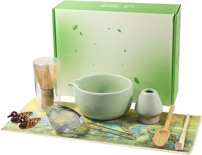 Matcha Whisk Set, 9PCS Ceramic Matcha Tea Set Includes Bowl, Whisk and Holder, Bamboo Scoop, Scoop Rest, Sifter and Tea Towel for Traditional Matcha Ceremony Matcha Lovers