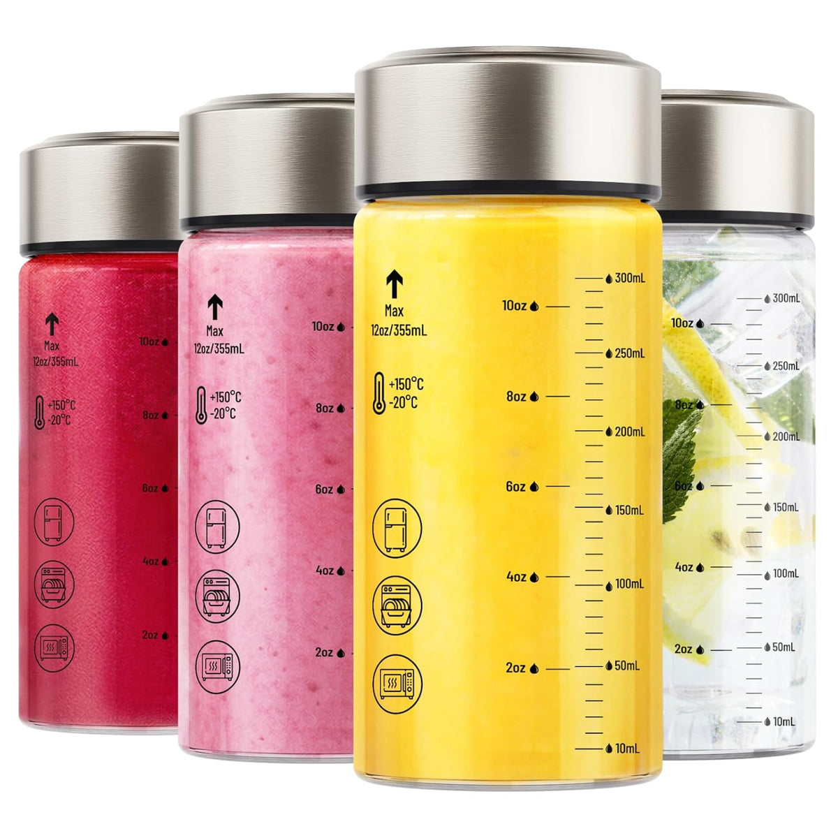 Zukro 12 oz Borosilicate Glass Water Bottles with Stainless Steel Lids and Measurement| Reusable Leakproof Drinking Bottles for Juicing, Smoothie, Protein| 4 Pack Wide Mouth BPA-Free Juice Container