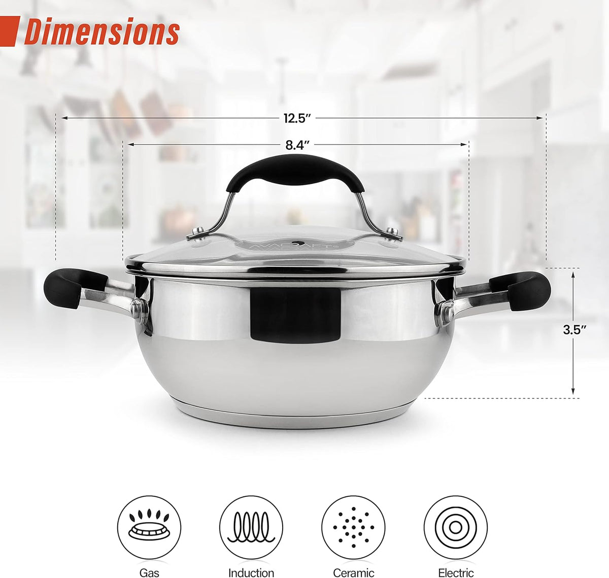 AVACRAFT 18/10 Stainless Steel Everyday Pan, Stir Fry Pan with Five-Ply Base, Chef’s Pan with Glass Lid, Multipurpose Stewpot Skillet, Saute Pan, Casserole in Pots and Pans (8 inch)