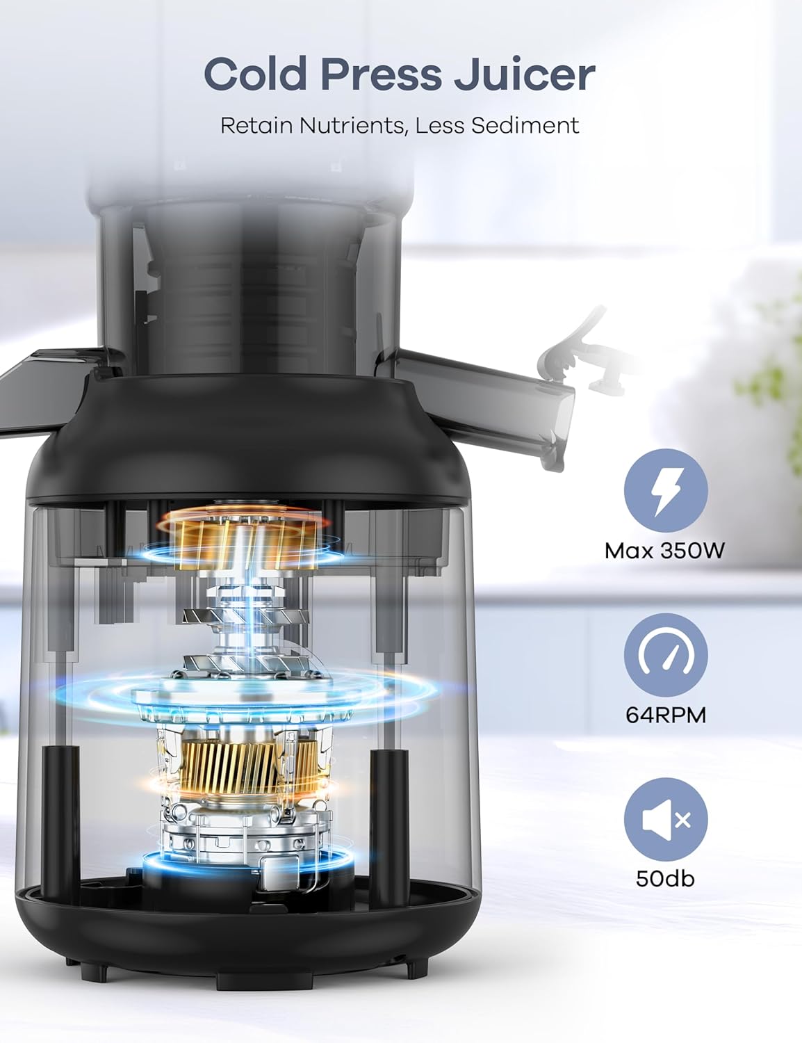 Ganiza Juicer Machines, Cold Press Juicer with 4.3" Large Feed Chute for Whole Fruits & Vegetables, Slow Masticating juicers with 3 Replace Filters for Batch Juicing, Easy to Clean, BPA Free (Black)