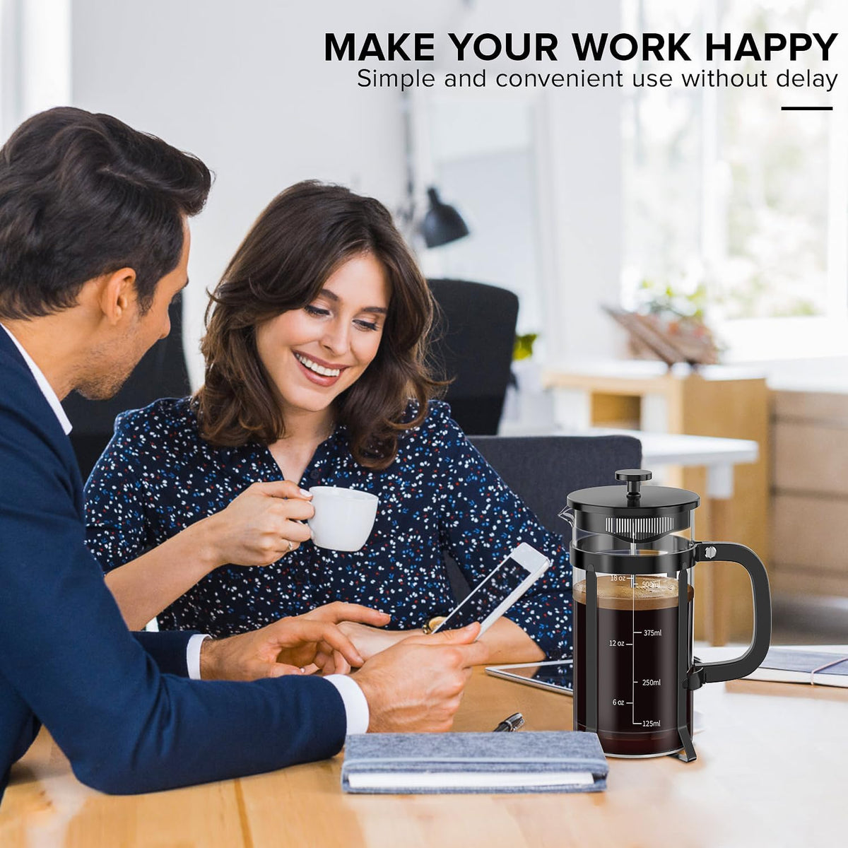 QUQIYSO French Press Coffee Maker 304 Stainless Steel French Press with 4 Filter, Heat Resistant Durable, Easy to Clean, Borosilicate Glass Coffee Press, 100% BPA Free Glass Teapot, 21 ounce, Black