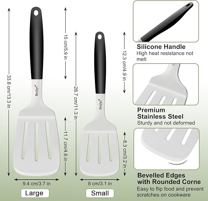 Beijiyi 2-Piece Stainless Steel Spatula Set, 13.3" & 11.3" Slotted Turner, Heavy Duty Metal Spatulas for Cast Iron Skillet and Grilling Cooking with Silicone Handle, Flipper for Steak, Burger and Eggs