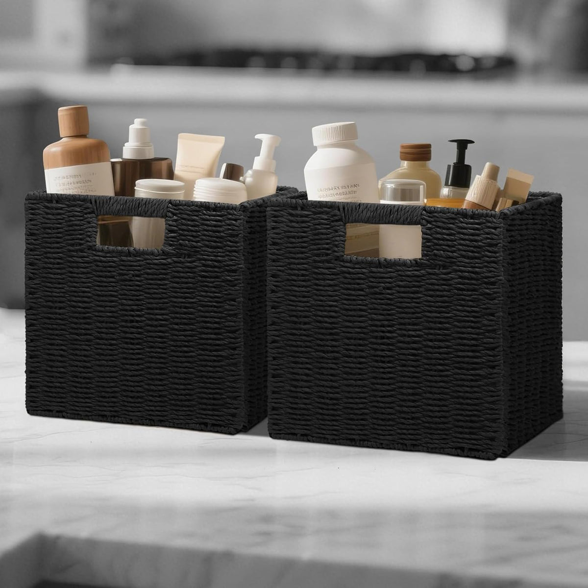 Wicker Storage Baskets for Organizing, 3 Pack Rustic Foldable Square Basket for Shelves, Handwoven Cubby Organizer Bins for Home Decor, Small Cube Storage Bin for Closet Organization (Black 11 inch)