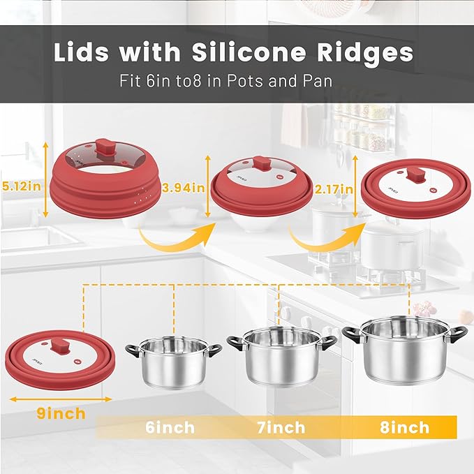 Microwave Splatter Cover, Vented Silicone and Glass Cover Splatter Guard Lid, Food Collapsible Plate Cover Lid with Easy Grip Handle. (Red, 9 inch)