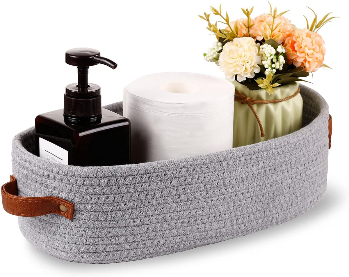 2 Pack Cotton Rope Small Woven Basket,Toilet Paper Basket,Room Storage Basket with Handles for Bathroom, 13"x5.9"x4" Gary
