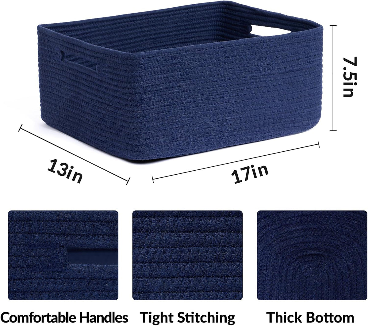 Large Storage Baskets for Organizing, Closet Shelf Baskets for Clothes Blanket Towels, Baby Nursery, Toy Bins Box, Woven Rope Baskets, 17 x 13 x 7.5”, 4 Packs Navy Blue