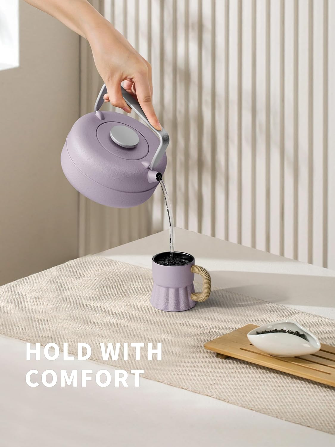 Toptier Teapot with Removable Infuser, Cast Iron Tea Kettle Stovetop Safe, Solid Geometry Cylinder Design Tea Pot Coated with Enameled Interior for 27 Ounce (800 ml), Purple