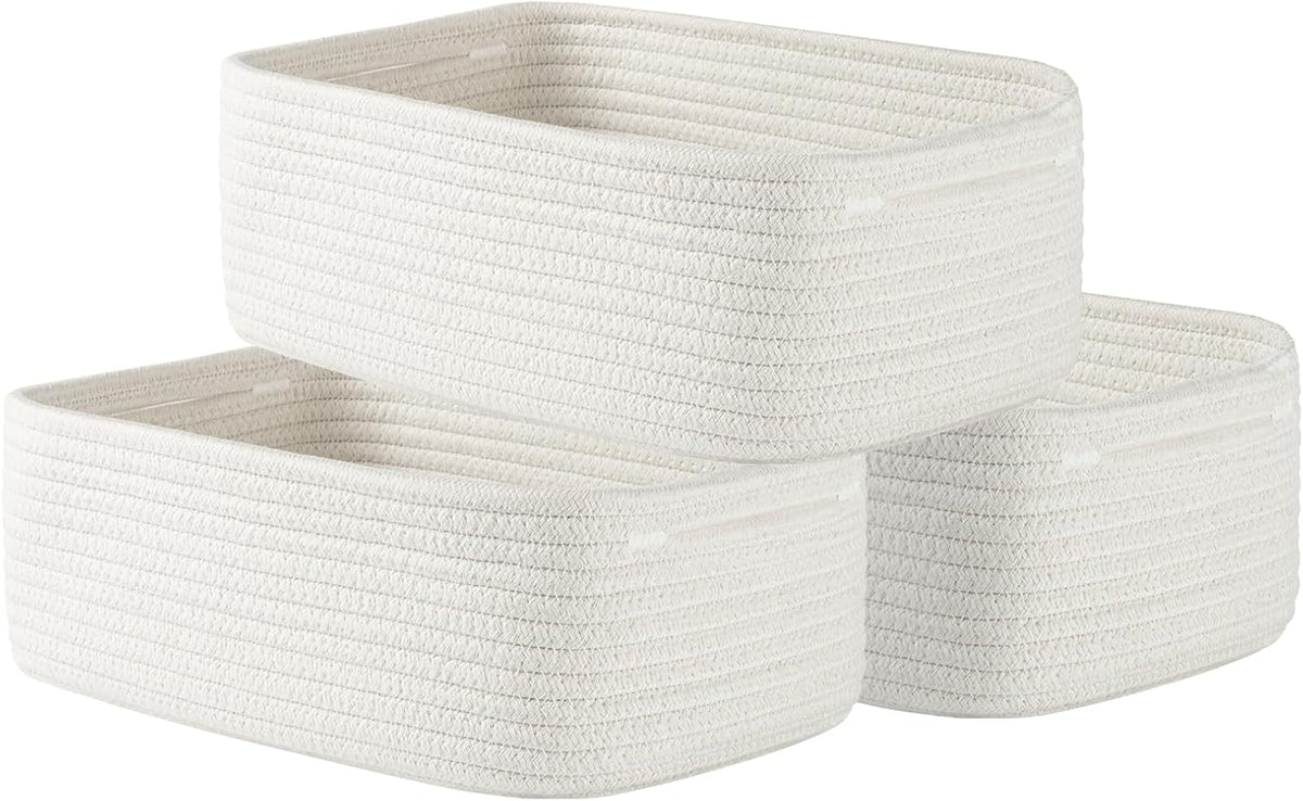 Small Woven Basket, 12 x 8 x 4.5 Inches, Storage Basket for Organizing, Cute Small Rope Shelf Closet Cube Storage Bins Baskets for Shelves, Dog Toy Gift Baskets Empty, 3 Packs, Off White