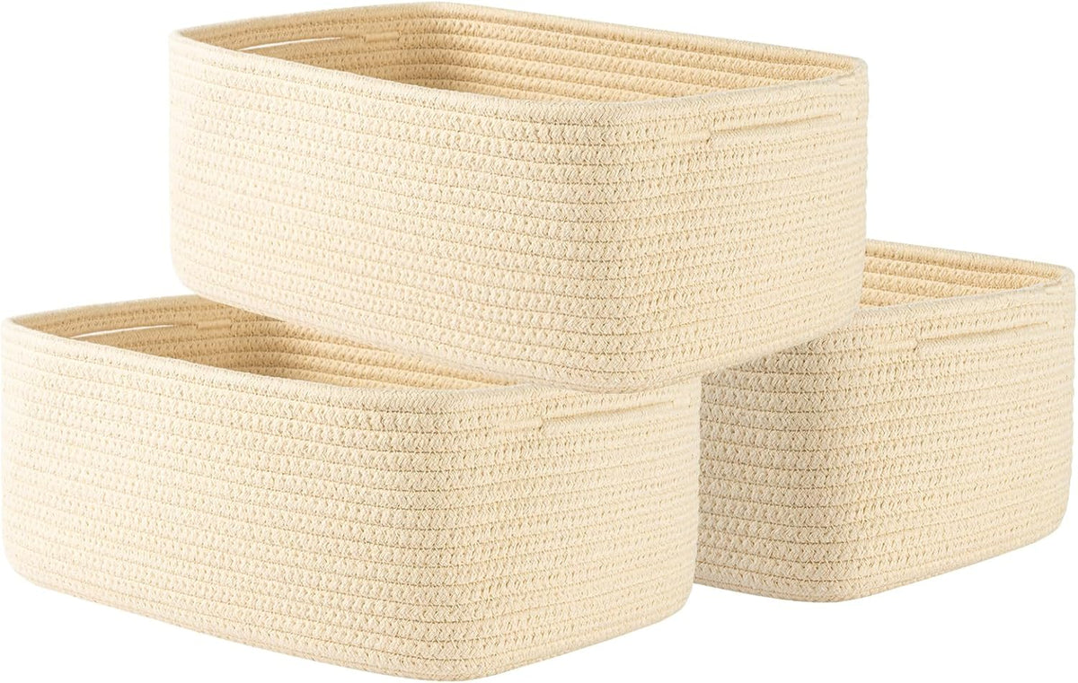 Small Woven Basket, 13.5 x 9.5 x 5 Inches, Storage Basket for Organizing, Cute Small Rope Shelf Closet Cube Storage Bins Baskets for Shelves, Dog Toy Gift Baskets Empty, 3 Packs, Beige