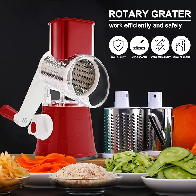 3rd Generation Rotary Cheese Grater, Mandoline Vegetable Slicer with 3 Replacement Blades, Easy to Clean Rotary Shredder for Fruit, Vegetables, Red