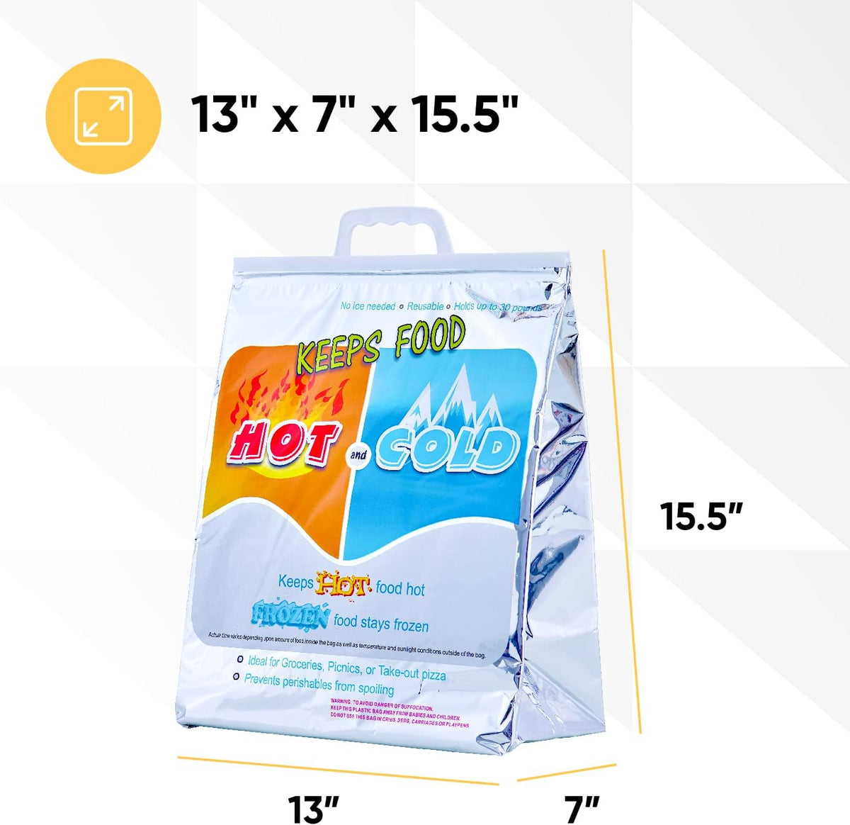 Superio Hot and Cold Insulated Bags for Food Delivery, Grocery Shopping Bags, Food Storage for Hot and Frozen Food for Travel, Disposable Cooler Bag, Reinforced Thermal Lunch Bag (3, 13"x7"x15.5")