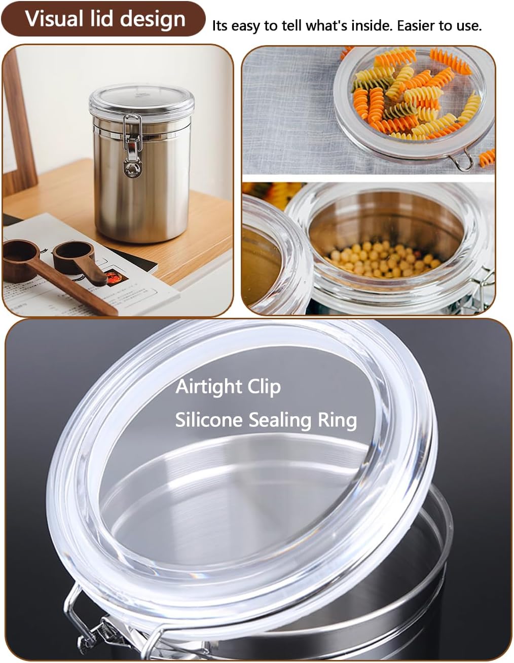 Stainless Steel Food Container with Clear Lids Airtight Container Stackable Small Canisters Kitchen Pantry Storage for Cereal, Snacks, Candy, Herbs, Spices, Sugar, Tea (1.8L Silver-2)