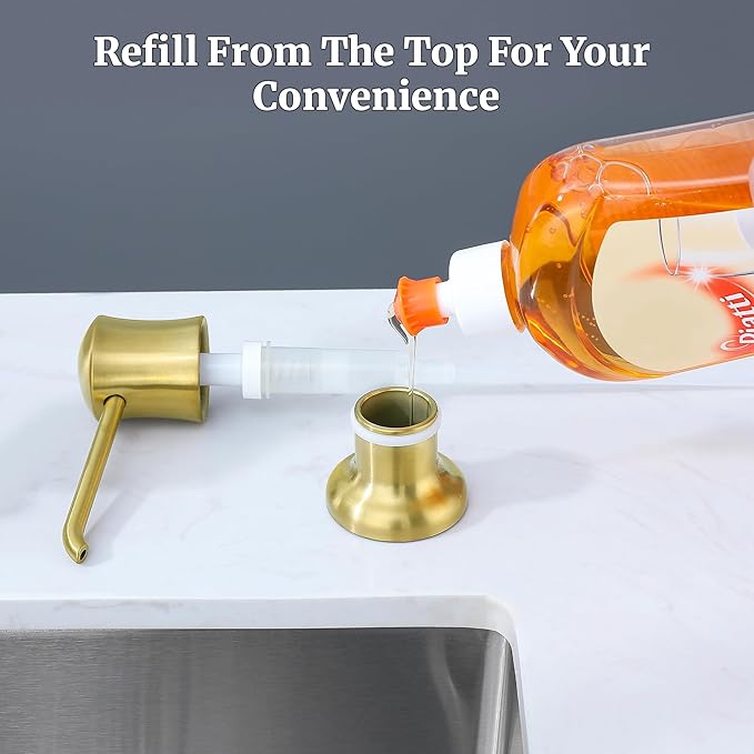 Brushed Gold Sink Soap Dispenser for Kitchen Sink (Gold Brushed),Dish & Hand Liquid Soap Dispenser，Built-in & Refill from Top Type