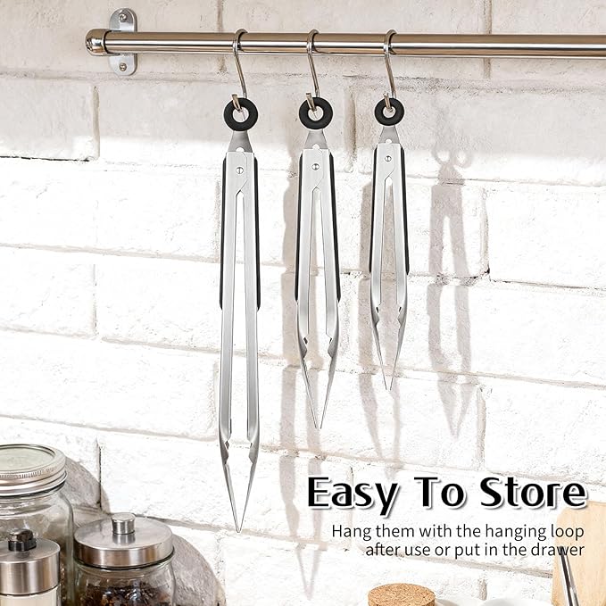 12 Pcs Stainless Steel Kitchen Tongs, 7/9/12 Inches Heat Resistant Cooking Tongs Heavy Duty Metal Locking Tong Non-Slip Metal Food Tong for Cooking Food Grill Salad BBQ