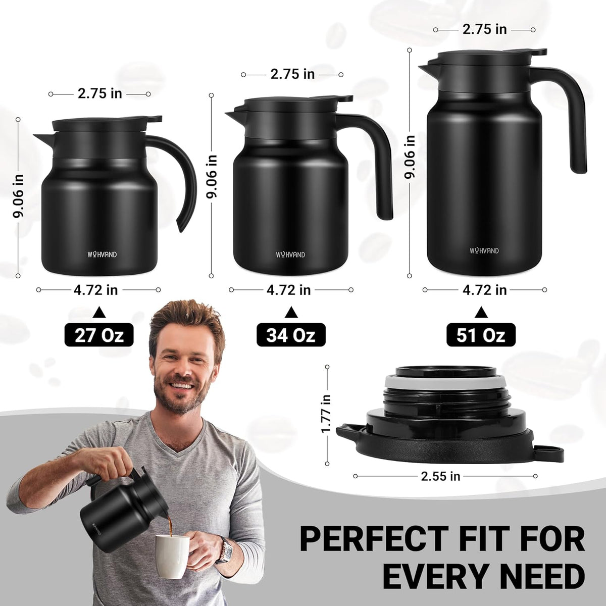 51Oz Thermal Coffee Carafes For Keeping Hot/Cold, Stainless Steel Coffee Carafe, Dustproof Insulated Water Carafe for Party/Home,Black