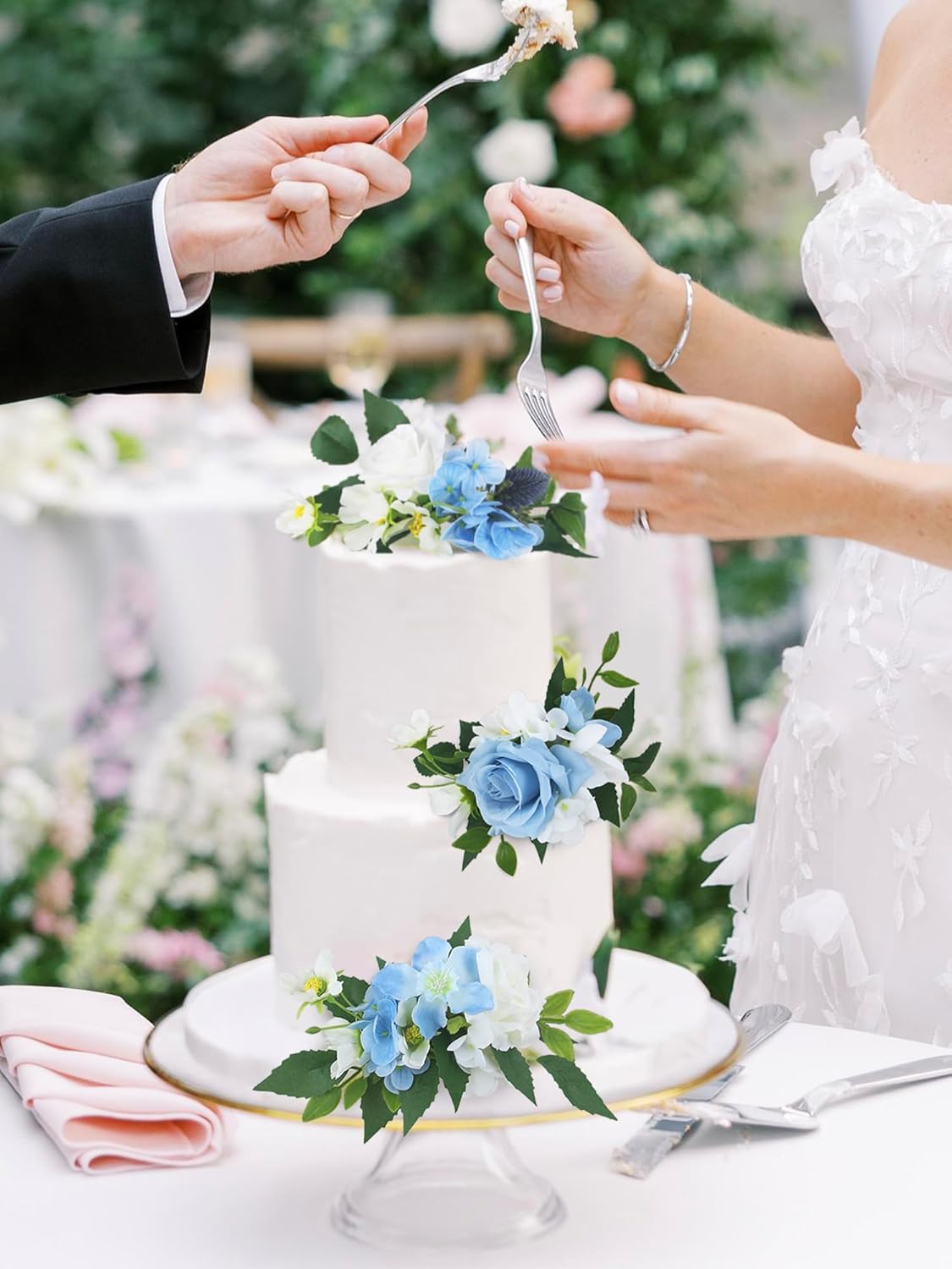 Rinlong 3Pcs Pre-made Flower Cake Topper Cake Decorations Baby Blue Wedding Cake Decorating Flowers Cake Decor Baptism Girl Women Birthday Party Bridal Baby Shower