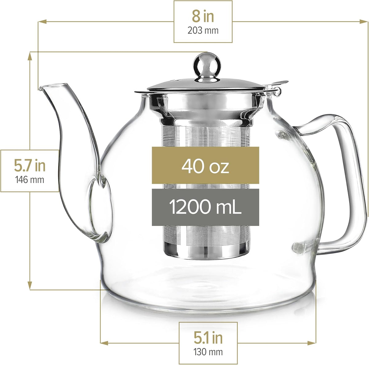 Teabloom Dublin Glass Teapot – Fine Borosilicate Glass – Stovetop and Microwave Safe – Removable Stainless Infuser – Ideal for Loose Leaf Tea – Large Capacity – 40 oz. / 1200 ml (4-5 Cups)