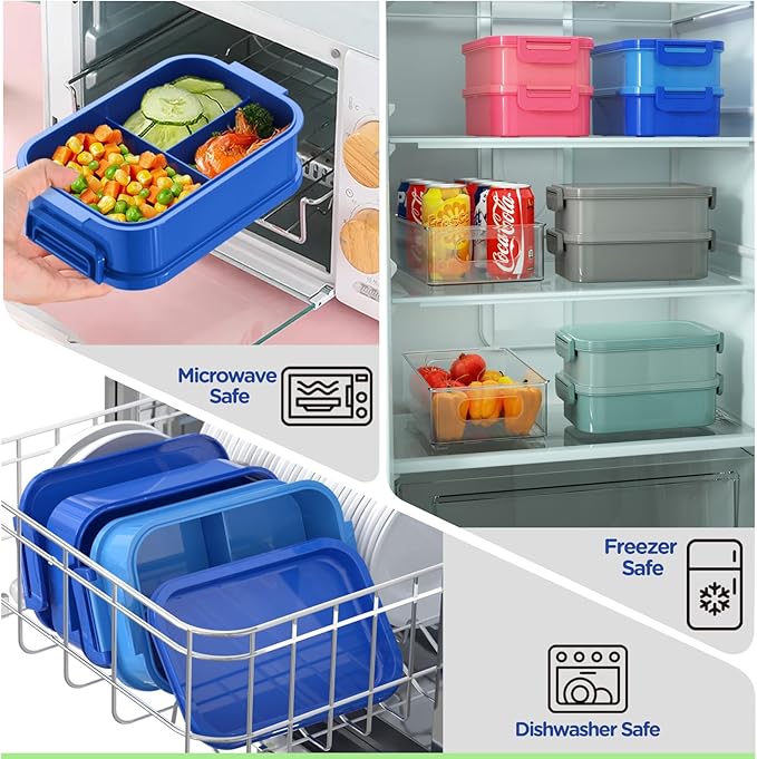DaCool Bento Box Adults Lunch Container - 74 OZ Stackable Leakproof Bento Lunch Box for Adults Men Boys Teens Large Lunch Box Containers with Fork Spoon Sauce Boxes for Work School Dining Out, Blue