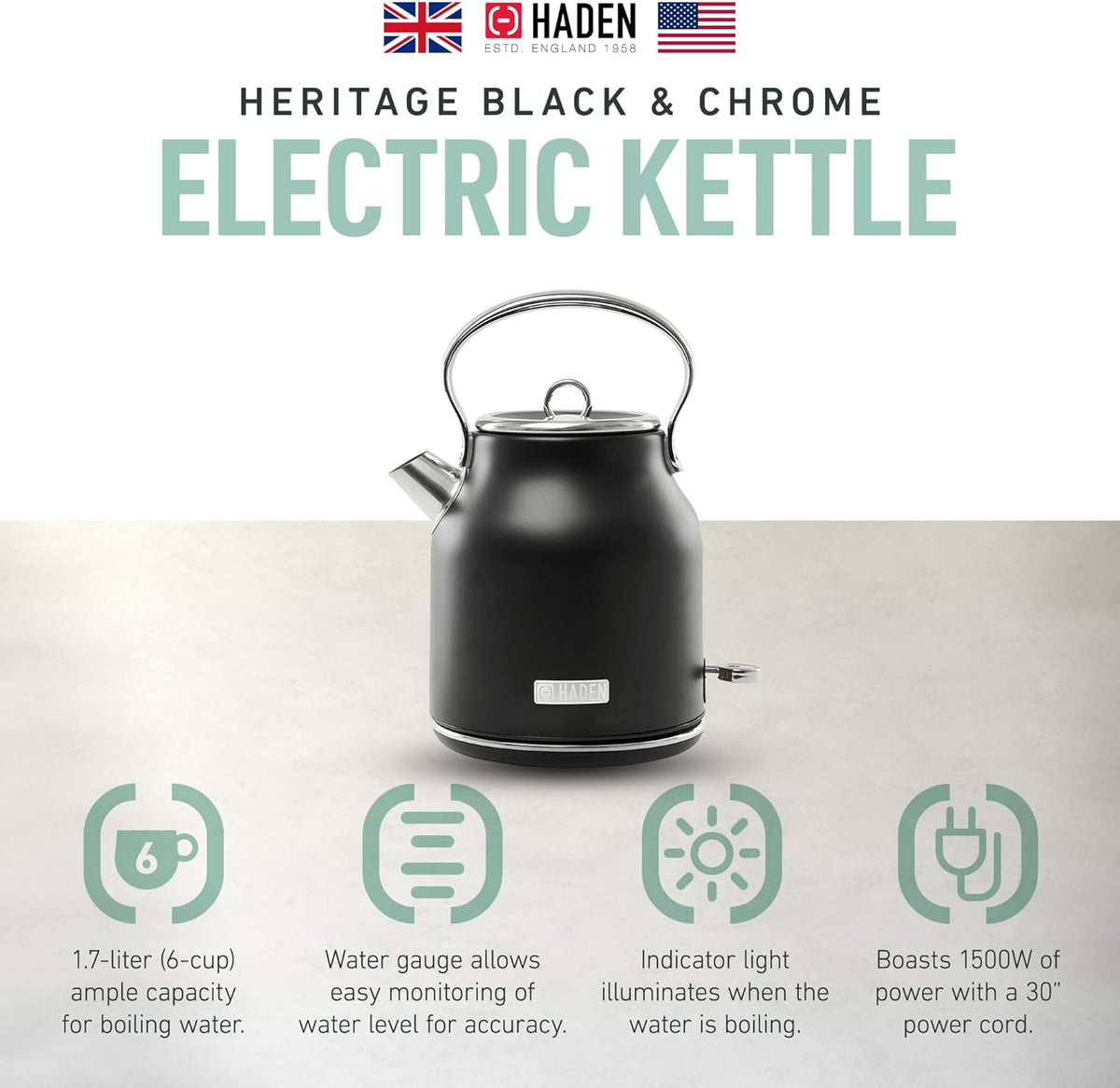 HADEN Heritage 1.7 Liter Stainless Steel Electric Kettle, Hot Water Kettle with 360-Degree Base and Auto Shutoff, Black & Chrome