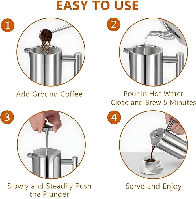 French Press Coffee Maker 34oz, Stainless Steel Double Wall Insulated, 3 Extra Filters & Coffee Spoon for Hot/Cold Brew, Durable Coffee Press for Home, Camping, Office - Silver