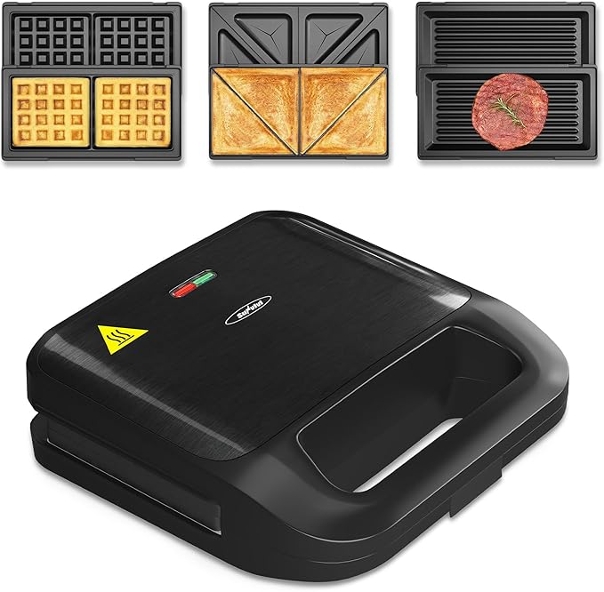 Sunvivi Sandwich Maker Panini Press: Waffle Maker with Removable Plates, 3 in 1 Sandwich Maker Press with Non-Stick Plates, Indicator Lights & Cool Touch Handle, 750W, Black