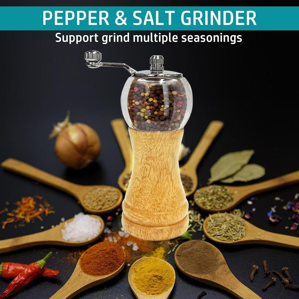Pepper Mill Set，Manual Pepper Mills, Classical Hand Shake Wooden Pepper Grinder Set，Salt Mills，Wooden Pepper Mill，Ceramic Blades Metal Handle，Enjoy Fresh Ground Pepper (Burlywood 1pcs-6in)