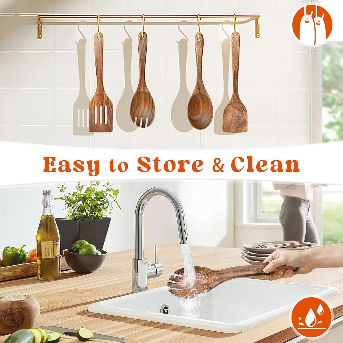 4Pcs Wooden Spoons for Cooking, Acacia Wood Kitchen Utensils Set for Nonstick Pans, Smooth Finish Cooking Utensils with Long Handle, Wooden Spatula for Cooking, Mixing, Baking