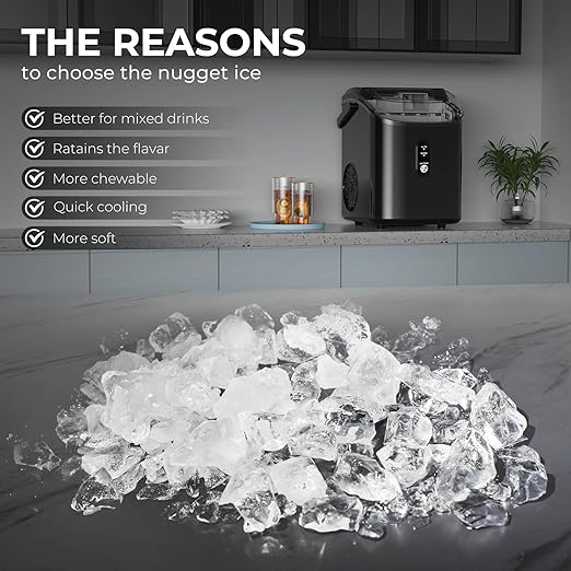 Nugget Ice Maker Countertop, 35.5Lbs/24Hrs Chewable Sonic Ice Machine with Self-Cleaning, Handle, Water Tank, Quiet Operation & Portable Pellet Ice Maker for Home, Office, Kitchen, Bar, Black