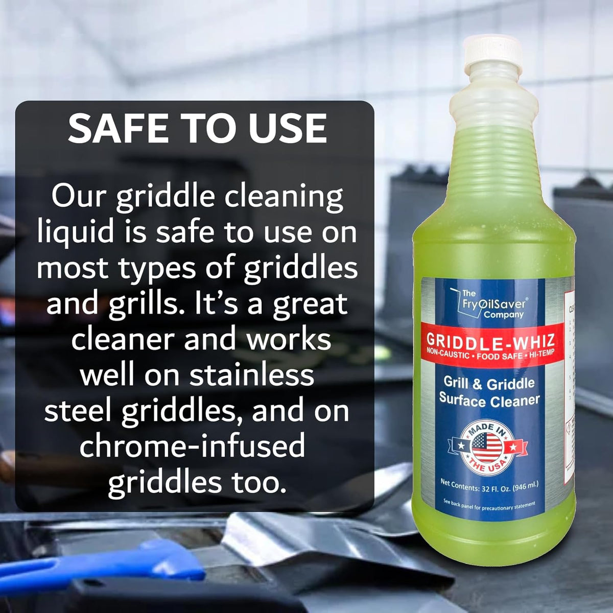 Griddle-Whiz 3 Piece Griddle Cleaning Kit | Liquid Grill Cleaner w/Griddle Scraper & Scrubber Pad for Flat Top Grills | For Blackstone Accessories by FryOilSaver (32oz Bottles)
