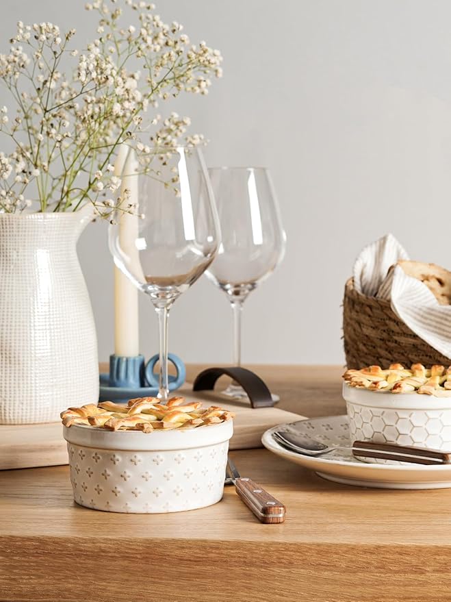 LE TAUCI Ramekins 12 oz, Ramiken for Creme Brulee, Souffle, Dipping Sauce, Ceramic Embossment Housewaming Present -4.8 inch, Set of 4, Arctic White