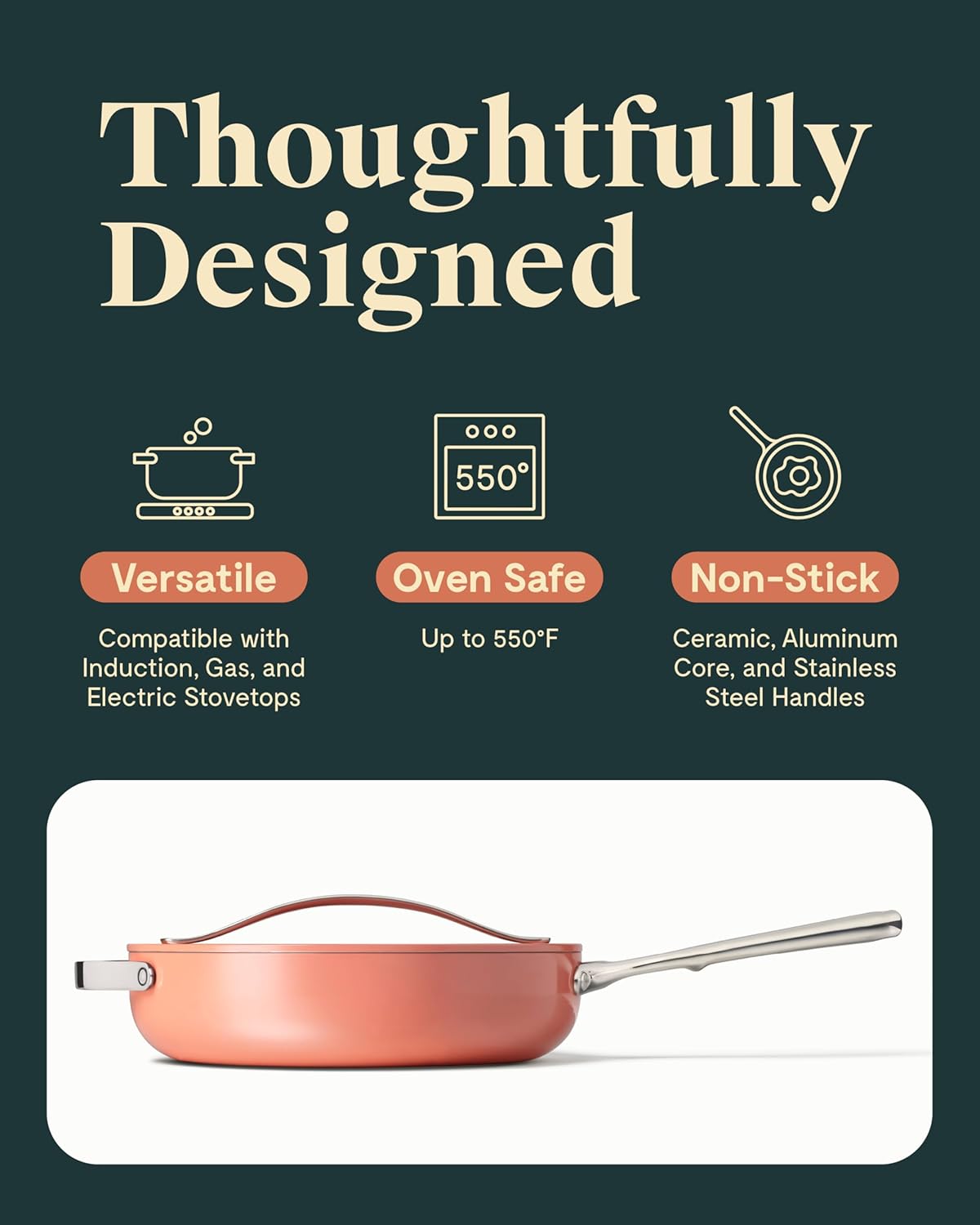 Caraway Nonstick Ceramic Sauté Pan with Lid (4.5 qt, 11.8") - Non Toxic, PTFE & PFOA Free - Oven Safe & Compatible with All Stovetops (Gas, Electric & Induction) - Perracotta