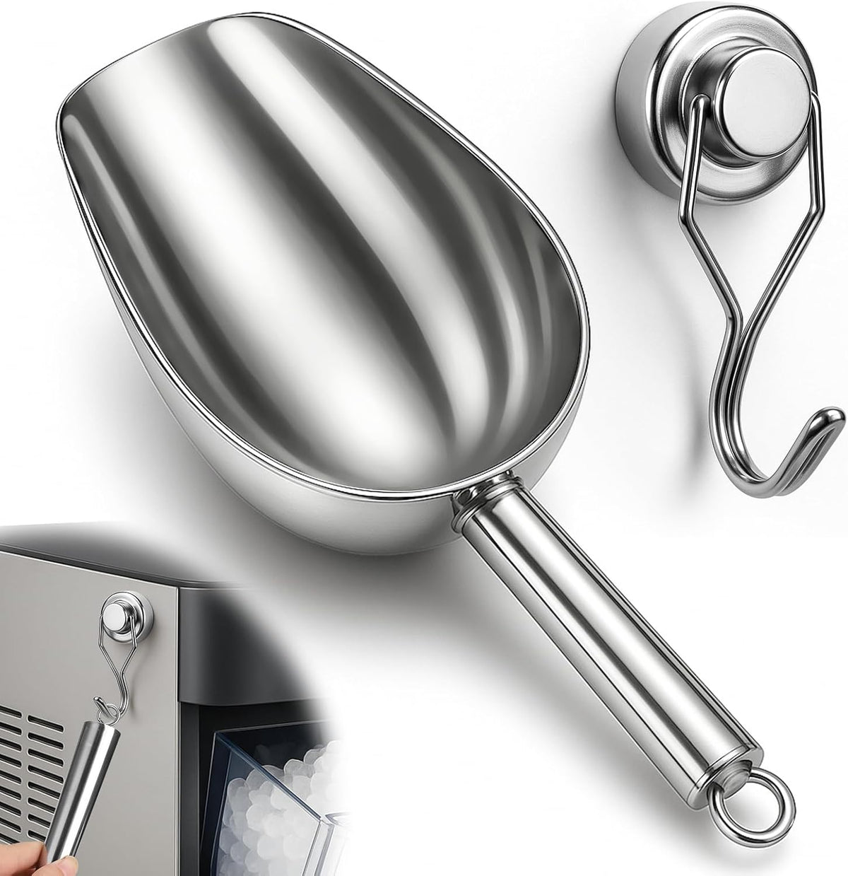 Stainless Steel Ice Scoop for Freezer with Magnetic Hook - Ice Scoop for GE Profile Opal 2.0 Nugget Ice Maker, for Kitchen Ice Bucket Bar Party Accessories